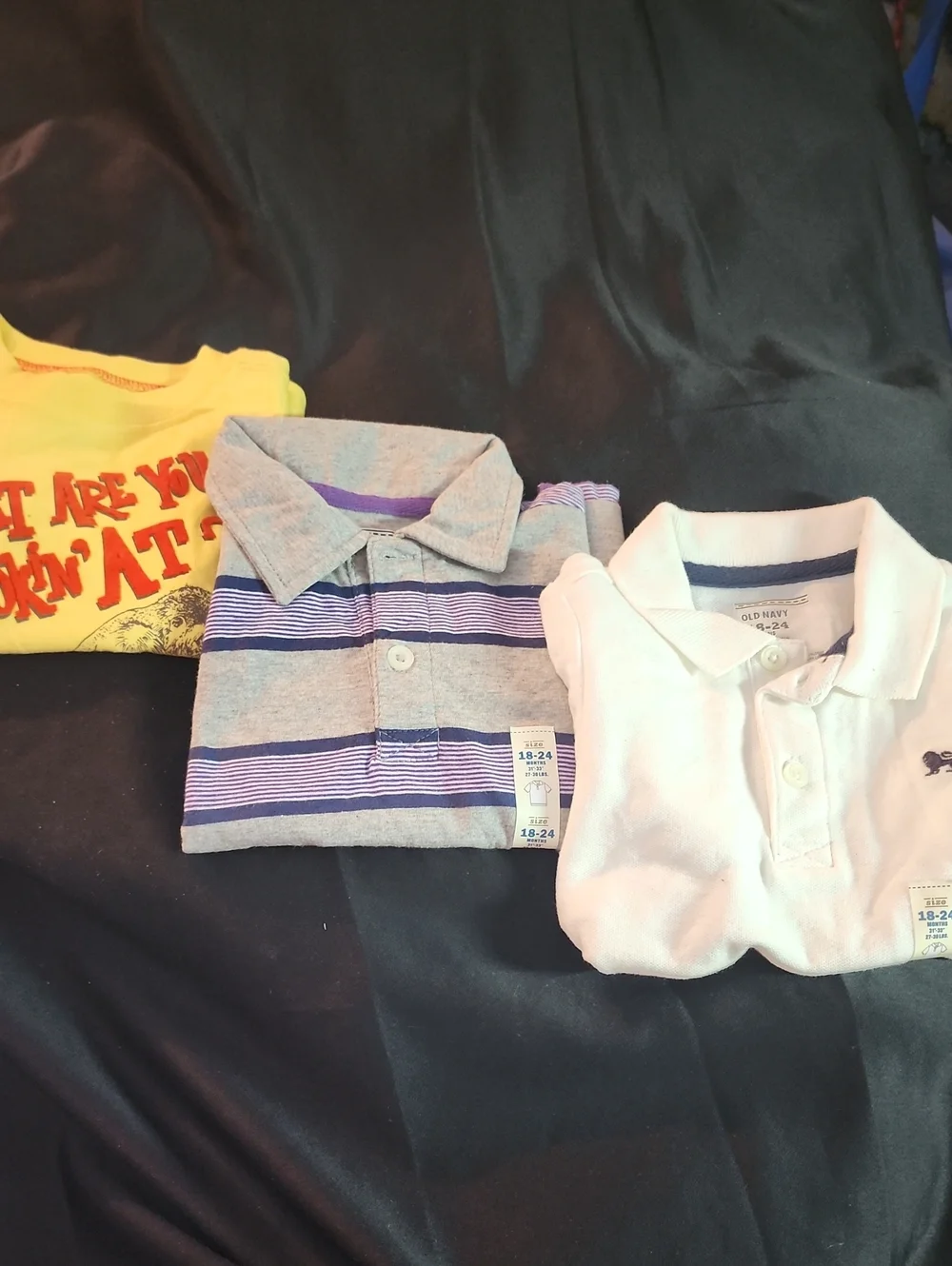 Old Navy White Kids Polo with Purple-Striped Polo & Yellow Graphic Tee Bundle